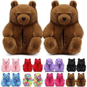 Women's Cute Fuzzy Brown Teddy Bear Slippers Cozy Cartoon Indoor Shoes